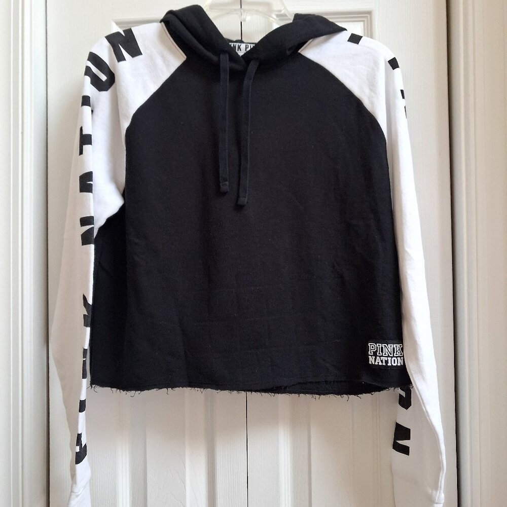 Victoria's Secret PINK Women's Cropped Black/White Hooded Sweatshirt sz M